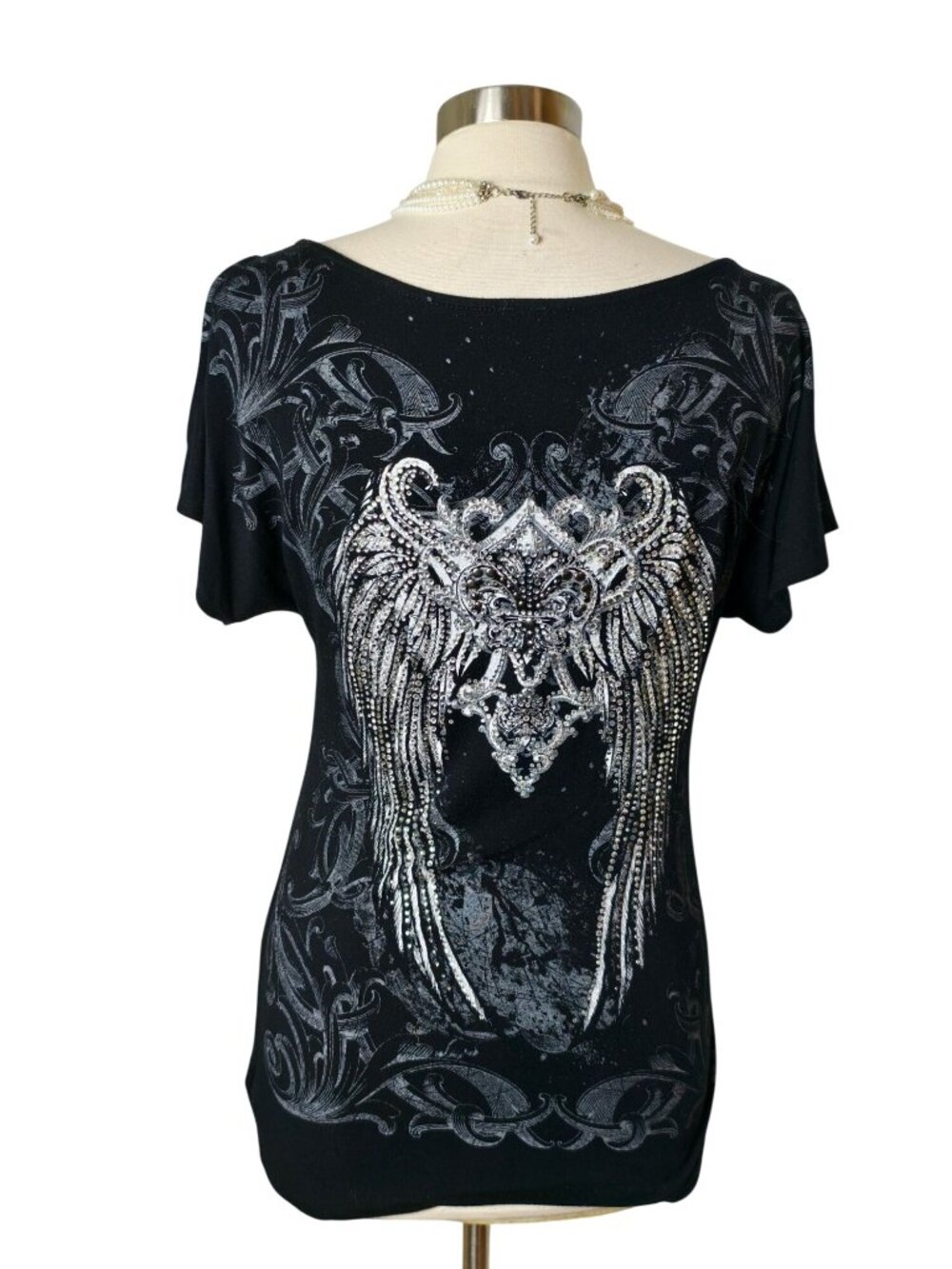 S-Twelve Womens S Rhinestone Tee Black Embellished Angel Wings Zip Cut Slv Hip - Picture 3 of 6